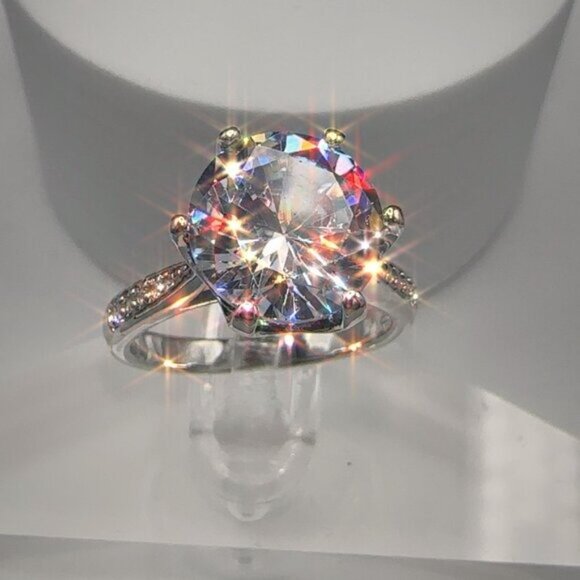 Round Cut Simulated Diamond Engagement Ring With Pave Band In Silver Tone 4CT - Picture 3 of 9